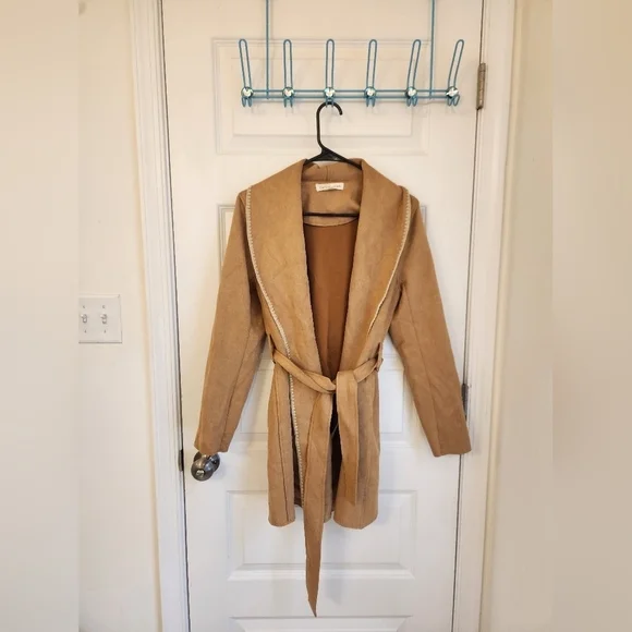 Cactus + Pearl Suede Mustard Brown Midi Coat W/ Belt Size S #R446 - Picture 1 of 5